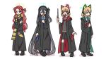  4girls animal_ear_headphones animal_ears aris_(blue_archive) black_hair blonde_hair blue_archive book cat_ear_headphones coat fake_animal_ears full_body halo harry_potter_(series) headphones highres holding holding_book midori_(blue_archive) momoi_(blue_archive) multiple_girls one_side_up redhead scarf simple_background smile washin white_background yuzu_(blue_archive) 