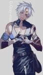  1boy allen_walker azisaiharumaki56 bangs black_gloves blue_eyes closed_mouth copyright_name d.gray-man facial_mark forehead_mark gloves highres looking_at_viewer male_focus marking_on_cheek signature single_glove solo spiky_hair white_hair 
