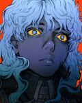  1boy berserk blue_eyes coat collared_coat collared_shirt griffith_(berserk) long_hair looking_away male_focus nisino2222 open_clothes open_coat parted_lips portrait red_background shirt solo wavy_hair white_hair 