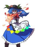  1girl :d absurdres bangs black_headwear blue_hair bow bowtie center_frills eddybird55555 english_commentary fire food frills fruit half-closed_eyes hand_on_hip highres hinanawi_tenshi holding holding_sword holding_weapon leaf long_hair looking_at_viewer open_mouth peach rainbow_gradient red_bow red_bowtie red_eyes ringed_eyes short_sleeves simple_background smile solo standing sword sword_of_hisou touhou weapon white_background 