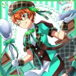  1boy aki_ma_jiro aoi_kyosuke black_socks buttons collared_shirt food glasses gloves hair_between_eyes hat highres holding holding_plate holding_spoon ice_cream idolmaster idolmaster_side-m looking_at_another male_focus one_eye_closed orange_eyes orange_hair plate shirt short_sleeves smile socks solo spoon tongue tongue_out white_gloves 