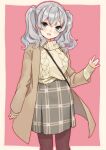  1girl bangs blue_eyes blush border brown_coat brown_pantyhose coat feet_out_of_frame grey_hair grey_skirt hair_between_eyes kantai_collection kashima_(kancolle) long_hair long_sleeves looking_at_viewer mitsuyo_(mituyo324) open_clothes open_coat open_mouth pantyhose skirt smile solo sweater twintails white_border white_sweater 