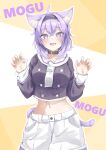  1girl :3 absurdres ahoge animal_ear_fluff animal_ears belt_collar black_collar black_hairband blush breasts cat_ears cat_girl cat_tail collar commentary_request hairband highres hololive large_breasts medium_hair midriff mikazuki1613 nekomata_okayu open_mouth paw_pose purple_hair purple_shirt sailor_collar sailor_shirt shirt shorts smile solo tail underwear violet_eyes virtual_youtuber white_sailor_collar white_shorts 