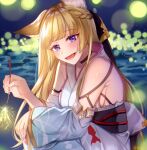  1girl animal_ears animal_print beach black_ribbon blonde_hair erune fish_print granblue_fantasy japanese_clothes kimono night ribbon sitting usameruti violet_eyes yuisis_(granblue_fantasy) yukata 