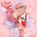  1boy 1girl absurdres beard black_ribbon blue_kimono bucket_hat bucket_of_chicken character_name chicken_(food) chicken_leg colonel_sanders facial_hair food fried_chicken glasses hat heart hetero highres holding_hands japanese_clothes karyodares kfc kimono mustache neck_ribbon overalls pink_background pink_eyes pink_hair red_overalls ribbon saigyouji_yuyuko shirt spanish_commentary sparkle touhou triangular_headpiece wavy_hair white_hair white_shirt 