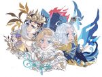  3boys abs ahoge antlers bangs bird bird_on_hand black_nails black_shirt blonde_hair blue_butterfly blue_eyeshadow blue_gemstone blue_vest bracer brown_hair bug butterfly butterfly_on_hand cape circlet colored_tears cropped_torso cross-shaped_pupils curly_hair eyeshadow fangs fingernails fire flower-shaped_pupils frost gauntlets gem gold_trim grape_vine hair_between_eyes hair_tubes hand_up hat highres holding_water identity_v jewelry laurel_crown leaf looking_at_viewer luchino_diruse luchino_diruse_(spring_heated_wine) makeup male_focus mini_hat monocle multiple_boys official_alternate_costume orpheus_(hollow)_(identity_v) orpheus_(identity_v) parted_bangs parted_lips perorinsr plant puffy_sleeves ring scales scarf sharp_fingernails shirt short_hair simple_background single_gauntlet single_tear skin_fangs sleeve_cuffs smile stone_tablet symbol-shaped_pupils test_tube topless_male upper_body vest vines weeping_clown_(identity_v) weeping_clown_(swallow_of_deception)_(identity_v) white_background white_cape white_hair white_shirt yellow_pupils yellow_scarf 