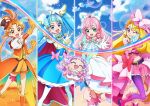 1boy 4girls baby bangs belt blonde_hair blue_eyes blue_hair bow closed_eyes cure_butterfly cure_prism cure_sky cure_wing earrings elbow_gloves eru-chan fingerless_gloves gloves green_eyes hair_bow hat highres hirogaru_sky!_precure jewelry long_hair magical_boy magical_girl midriff mini_hat mini_top_hat multiple_girls nijigaoka_mashiro official_art one_eye_closed open_mouth orange_hair pink_hair pink_skirt precure promotional_art purple_hair red_eyes short_hair single_thighhigh skirt smile sora_harewataru thigh-highs third-party_source top_hat twintails two_side_up v very_long_hair violet_eyes white_gloves