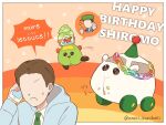  2boys artist_name birthday border brown_eyes brown_hair cellphone character_name character_request collared_shirt commentary_request english_text faceless faceless_male food food_on_face green_headwear green_necktie grey_hoodie guinea_pig happy_birthday hat holding holding_phone hood hood_down hoodie kani_aruki_(aruki_kanikani) lettuce long_sleeves molcar multicolored_background multiple_boys necktie open_clothes open_hoodie open_mouth orange_background outside_border paper_chain party_hat phone pui_pui_molcar rainbow_order shiromo&#039;s_driver_(pui_pui_molcar) shiromo_(pui_pui_molcar) shirt short_hair smartphone speech_bubble spoken_character star_(symbol) sweatdrop talking_on_phone thumbs_up twitter_username upper_body white_border white_shirt 