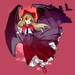  1girl arms_behind_back black_skirt black_vest black_wings blonde_hair bow buttons demon_wings elis_(touhou) facial_mark full_body hair_bow kaigen_1025 long_hair looking_at_viewer open_mouth pointy_ears red_background red_bow red_footwear shirt shoes skirt smile solo star_wand touhou touhou_(pc-98) vest violet_eyes wand white_shirt wings 