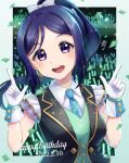  1girl absurdres bangs birthday blue_hair breasts commentary confetti dated earrings english_text gloves glowstick hair_ribbon happy_birthday high_ponytail highres jewelry kyaku_tatsu looking_at_viewer love_live! love_live!_sunshine!! matsuura_kanan medium_breasts ribbon sidelocks signature smile solo sparkle upper_body violet_eyes white_gloves 