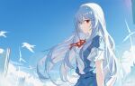  1girl ayanami_rei bangs blue_background blue_hair blue_skirt blue_sky closed_mouth clouds cloudy_sky expressionless highres long_hair looking_at_viewer neon_genesis_evangelion outdoors red_eyes red_ribbon ribbon school_uniform shirt short_sleeves skirt sky solo upper_body white_shirt yajuu 