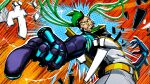  absurdres belt cable game_cg green_hair hi-fi_rush highres jojo_pose mechanical_arms multicolored_background non-web_source scientist spoilers zanzo_(hi-fi_rush) 