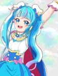 1girl bangs blue_eyes blue_hair blush bow cure_sky hair_ornament highres hirogaru_sky!_precure long_hair looking_at_viewer miboshi_moroboshi open_mouth precure simple_background skirt smile solo solo_focus sora_harewataru tagme twintails