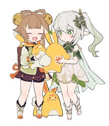  2girls :d bangs bell bloomers blunt_bangs blush bow bow-shaped_hair braid brown_hair cape closed_eyes cross-shaped_pupils detached_sleeves do_m_kaeru dress genshin_impact gold_trim gradient_hair green_eyes green_hair green_sleeves grey_hair hair_bell hair_between_eyes hair_ornament holding holding_stuffed_toy jacket long_hair long_sleeves looped_braids medium_hair multicolored_hair multiple_girls nahida_(genshin_impact) parted_lips pointy_ears ponytail red_bow shorts shorts_under_skirt side_braid side_ponytail sidelocks simple_background skirt sleeveless sleeveless_dress smile stirrup_footwear stuffed_toy symbol-shaped_pupils toeless_footwear underwear white_background white_bloomers white_footwear yaoyao_(genshin_impact) yuegui_(genshin_impact) 