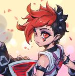  1girl bangs bare_shoulders black_hair broken_heart gauntlets grey_shirt hairband heart heart_tattoo heartache_vi league_of_legends messy_hair multicolored_background petals phantom_ix_row red_eyes redhead shiny_skin shirt short_hair sleeveless spiked_hairband spikes tattoo upper_body 