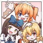  3girls black_hair blonde_hair blue_eyes blue_ribbon blush fairy fairy_wings keepkeep0322 long_hair long_sleeves looking_at_viewer luna_child multiple_girls one_eye_closed open_mouth red_eyes redhead ribbon smile star_sapphire sunny_milk touhou two_side_up wings yellow_eyes 