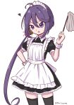  1girl akebono_(kancolle) alternate_costume apron bell black_dress black_thighhighs dress duster enmaided flower frilled_apron frills hair_bell hair_flower hair_ornament highres jingle_bell kantai_collection long_hair maid maid_headdress one-hour_drawing_challenge pista_land purple_hair side_ponytail solo thigh-highs very_long_hair violet_eyes white_apron wrist_cuffs 