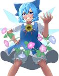 1girl bangs bloomers blue_dress blue_eyes blue_hair cirno commentary_request dress flower hand_on_hip ice ice_wings looking_at_viewer mikan_(manmarumikan) morning_glory neck_flower pinafore_dress plant shirt short_hair short_sleeves smile solo sunflower tanned_cirno teeth touhou underwear vines white_shirt wings 
