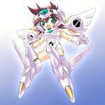  1girl :d android aqua_eyes bangs bare_shoulders breasts brown_hair detached_wings forehead_protector full_body gloves gradient_background hair_between_eyes joints leotard mecha_musume mechanical_wings open_mouth original robot_joints shinjou_satomi short_hair small_breasts smile solo white_gloves white_leotard white_wings wings 