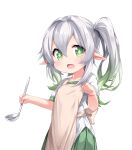  1girl absurdres apron clenched_hand genshin_impact green_eyes green_shirt green_skirt highres ladle long_hair nahida_(genshin_impact) open_mouth pointy_ears shirt short_sleeves side_ponytail simple_background skirt smile solo tamase_tama white_apron white_background white_hair 