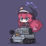  1girl bangs blue_archive book chibi commentary_request ground_vehicle hair_between_eyes halo hat holding holding_book iroha_(blue_archive) long_hair long_sleeves looking_away military military_vehicle motor_vehicle necktie peaked_cap ran_system redhead riding school_uniform sidelocks simple_background smoke solo tank tiger_i violet_eyes 