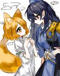  ... 2girls ? animal_ear_fluff animal_ears armor bangs blonde_hair blue_dress blue_hair breasts dark_blue_hair dress expressionless eye_contact flat_chest fox_ears fox_tail hair_between_eyes hand_on_hip hands_up hat highres iizunamaru_megumu kudamaki_tsukasa large_breasts looking_at_another multiple_girls pauldrons profile red_eyes short_hair short_sleeves shoulder_armor simple_background single_pauldron sleeves_past_elbows spoken_ellipsis springarashi02 tail tokin_hat touhou waistcoat white_background white_romper yellow_eyes yuri 