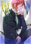  1boy absurdres black_shirt blue_flower character_name collared_shirt ensemble_stars! flower green_necktie highres long_sleeves looking_at_viewer male_focus multicolored_hair necktie parted_lips redhead sakasaki_natsume shirt short_hair solo white_hair yaito_(user_vave4343) yellow_eyes yellow_flower 