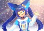  1girl ;d animal_ear_fluff animal_ears bell black-framed_eyewear blue_bow blue_choker blue_dress blurry blurry_background blush bow choker collarbone depth_of_field dress ear_piercing earrings hair_bell hair_ornament hand_up highres indie_virtual_youtuber jewelry kira_kuroto kou_hiyoyo leaning_to_the_side lens_flare long_sleeves looking_at_viewer one_eye_closed piercing puffy_long_sleeves puffy_sleeves round_eyewear sleeves_past_wrists smile snowflake_earrings solo virtual_youtuber yellow_bow 