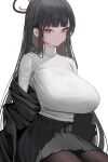  1girl absurdres bangs bbolalus black_hair blue_archive blunt_bangs blush breasts closed_mouth commentary highres huge_breasts long_hair long_sleeves pantyhose pleated_skirt red_eyes ribbed_sweater rio_(blue_archive) sidelocks simple_background sitting skirt solo sweater white_background 