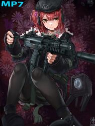  1girl absurdres b2w beret fur_trim girls_frontline gun h&amp;k_mp7 hat highres jacket mp7_(girls&#039;_frontline) pantyhose pleated_skirt red_nails redhead ribbon short_hair side_ponytail sketch skirt solo submachine_gun suppressor weapon 