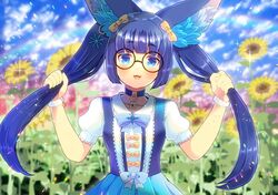  1girl animal_ear_fluff animal_ears bangs black-framed_eyewear blue_bow blue_choker blue_eyes blue_hair blue_skirt blue_sky blue_vest blurry blurry_background bow breasts choker clouds cloudy_sky collarbone collared_shirt day depth_of_field ear_piercing earrings flower glasses hands_up highres holding holding_hair indie_virtual_youtuber jewelry kira_kuroto kou_hiyoyo looking_at_viewer outdoors piercing pleated_skirt puffy_short_sleeves puffy_sleeves round_eyewear shirt short_sleeves sidelocks skirt sky small_breasts snowflake_earrings solo sunflower thick_eyebrows twintails vest virtual_youtuber white_shirt yellow_flower 