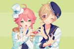  2boys androgynous blush brown_eyes closed_mouth ensemble_stars! facing_viewer green_eyes hat heart heart_hands heart_hands_duo himemiya_tori light_brown_hair looking_at_another male_focus mashiro_tomoya multiple_boys open_mouth pink_hair rinndouk sailor_hat short_hair smile 