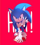  1boy animal_ears animal_nose blue_fur closed_mouth english_commentary english_text furry furry_male gloves green_eyes hand_up hedgehog hedgehog_ears holoskas looking_at_viewer male_focus red_background red_footwear shoes simple_background smile sneakers socks solo sonic_(series) sonic_the_hedgehog standing white_gloves white_socks 
