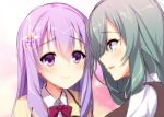 2girls aqua_eyes aqua_hair aria. bangs blurry blurry_background blush bow bowtie brown_vest closed_mouth collar commentary eyelashes friends furrowed_brow hair_between_eyes hair_ornament hairclip ise_kotori jacket light_purple_hair lips long_hair looking_at_another multiple_girls open_mouth profile red_bow red_bowtie riddle_joker school_uniform shikibe_mayu shirt sidelocks simple_background smile vest violet_eyes white_collar white_shirt wing_hair_ornament yellow_jacket yuzu-soft 
