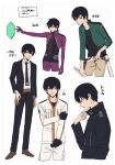  1boy absurdres adjusting_clothes alternate_costume baccalaoooo bangs black_gloves black_hair black_jacket black_necktie black_pants black_vest c-rank_uniform_(world_trigger) collared_shirt cropped_jacket cropped_legs cropped_torso dual_wielding energy_barrier energy_shield formal frown gloves green_jacket hand_on_own_arm highres holding holding_sword holding_weapon holster jacket kageura_squad&#039;s_uniform katori_squad&#039;s_uniform kuruma_squad&#039;s_uniform long_sleeves looking_at_viewer looking_away looking_down male_focus miwa_shuuji multiple_views necktie ninomiya_squad&#039;s_uniform outline outstretched_arm pants profile purple_jacket red_eyes shield shirt short_hair simple_background suit sword translation_request unsheathed vest weapon white_background white_jacket white_outline white_shirt world_trigger 