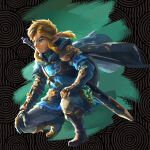  1boy bangs blonde_hair blue_eyes cloak earrings jewelry link long_hair male_focus master_sword official_alternate_costume official_art pointy_ears ponytail shield short_sleeves solo sword the_legend_of_zelda the_legend_of_zelda:_breath_of_the_wild the_legend_of_zelda:_tears_of_the_kingdom weapon 