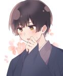  1boy axis_powers_hetalia bangs bishounen black_hair blush cherry_blossoms covering_mouth hair_behind_ear japan_(hetalia) japanese_clothes kimono looking_down open_mouth personification short_hair solo sweatdrop user_pvwm7753 yellow_eyes yukata 