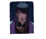  1boy :/ absurdres aphelios bangs black_background closed_mouth collared_shirt expressionless facial_mark highres jacket league_of_legends looking_at_viewer male_focus purple_jacket shirt short_hair solo suk180 swept_bangs violet_eyes white_background 