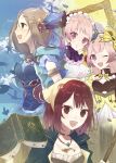  4girls :d atelier_(series) atelier_firis atelier_lydie_&amp;_suelle atelier_sophie bird blue_sky blush book bow brown_hair closed_mouth crystal dress firis_mistlud green_eyes hair_ornament hairband head_scarf highres jewelry kuromame_(honey_728) long_hair looking_at_viewer lydie_marlen multiple_girls necklace one_eye_closed open_mouth pink_eyes pink_hair plachta profile red_eyes redhead ribbon short_hair siblings sisters sky smile sophie_neuenmuller suelle_marlen twins yellow_bow 