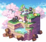  43 blue_sky blush blush_stickers cherry_blossoms closed_eyes clouds commentary_request cube day full_body gordo grass isometric kirby_(series) lying no_humans on_stomach plant rock scenery simple_background sky sleeping tree waddle_dee water waterfall white_background 