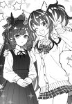  2girls animal_ears bow bowtie braid card collared_shirt daiichi_ruby_(umamusume) daitaku_helios_(umamusume) dress ear_covers expressionless fang greyscale hair_bow hair_ornament hair_rings hairclip hand_on_another&#039;s_shoulder hand_up highres horse_ears long_hair long_sleeves looking_at_viewer miniskirt monochrome multiple_girls nayuta_ggg neck_ribbon one_eye_closed open_mouth own_hands_together pinafore_dress pleated_skirt ribbon shirt side_ponytail single_braid skin_fang skirt smile sparkle star_(symbol) umamusume v 