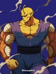  1boy absurdres antennae artist_name biceps black_sash blue_background clenched_hands closed_mouth collarbone colored_skin commentary_request cowboy_shot dougi dragon_ball dragon_ball_super dragon_ball_super_super_hero frown highres horang4628 korean_commentary looking_away looking_to_the_side male_focus muscular muscular_male namekian orange_piccolo orange_skin pectorals piccolo pointy_ears red_eyes sash scratches simple_background smoke solo standing twitter_username v-shaped_eyebrows veins 