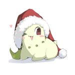  &gt;_o ;d blush_stickers bright_pupils brown_eyes chikorita christmas clothed_pokemon full_body hat heart highres looking_to_the_side lying milka_(milk4ppl) no_humans on_stomach one_eye_closed open_mouth pokemon pokemon_(creature) red_headwear santa_hat smile solo tongue white_pupils 
