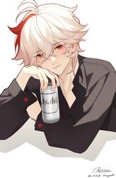  1boy alcohol alternate_costume asahi_breweries bangs beer beer_can black_shirt blush can closed_mouth collared_shirt drunk english_commentary genshin_impact hair_between_eyes highres holding jesse_(pixiv34586727) kaedehara_kazuha long_sleeves looking_at_viewer male_focus multicolored_hair red_eyes redhead shirt signature simple_background solo streaked_hair upper_body white_background white_hair 