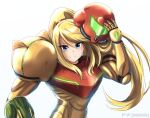  1girl armor blonde_hair blue_eyes canadiananiguy english_commentary headwear_removed helmet helmet_removed long_hair looking_at_viewer metroid ponytail samus_aran smile solo upper_body v-shaped_eyebrows watermark white_background 