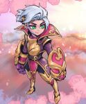  1girl armored_boots bangs belt boots clouds facial_tattoo flower full_body green_eyes grey_hair heart heartbreaker_vi league_of_legends long_sleeves multicolored_background petals phantom_ix_row ponytail rose short_hair smile solo standing tattoo thigh_boots vi_(league_of_legends) 