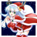  1girl :d antlers aqua_eyes bangs bell belt blue_hair border breasts brown_belt cape christmas detached_sleeves dress fingernails floating_hair fur-trimmed_cape fur-trimmed_headwear fur-trimmed_sleeves fur-trimmed_thighhighs fur_trim hair_between_eyes hat holding holding_sack holly leaning_forward legs_together light_blue_hair long_hair long_sleeves open_mouth original over_shoulder red_cape red_dress red_headwear red_sleeves red_thighhighs reindeer_antlers sack santa_dress santa_hat shinjou_satomi short_dress small_breasts smile snow snowing solo standing star_(symbol) tareme thigh-highs white_border zettai_ryouiki 
