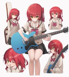  &gt;_&lt; 1girl :d absurdres acoustic_guitar bangs black_skirt blush bocchi_the_rock! bow bowtie closed_mouth collarbone green_eyes guitar guitar_case hair_between_eyes hair_over_shoulder highres holding holding_instrument instrument instrument_case kita_ikuyo long_sleeves looking_at_viewer looking_down lunia medium_hair multiple_views one_eye_closed one_side_up pink_bow pleated_skirt redhead school_uniform serious shirt sidelocks simple_background sitting skirt smile standing sweatdrop white_background yellow_shirt 