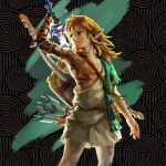  1boy arrow_(projectile) asymmetrical_clothes bangs bare_legs blonde_hair blue_eyes body_markings bow earrings holding jewelry link long_hair male_focus master_sword official_alternate_costume official_alternate_hairstyle official_art pointy_ears shield short_sleeves solo sword the_legend_of_zelda the_legend_of_zelda:_breath_of_the_wild the_legend_of_zelda:_tears_of_the_kingdom weapon 