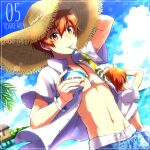  2boys aki_ma_jiro aoi_kyosuke aoi_yusuke blue_sky bracelet brothers character_name clouds collared_shirt cup fingernails food from_behind glasses hair_between_eyes hat highres holding holding_cup ice_cream idolmaster idolmaster_side-m jewelry looking_at_viewer male_focus multiple_boys navel necklace ocean open_clothes open_shirt orange_eyes orange_hair shirt short_sleeves siblings sky topless_male twins utensil_in_mouth 